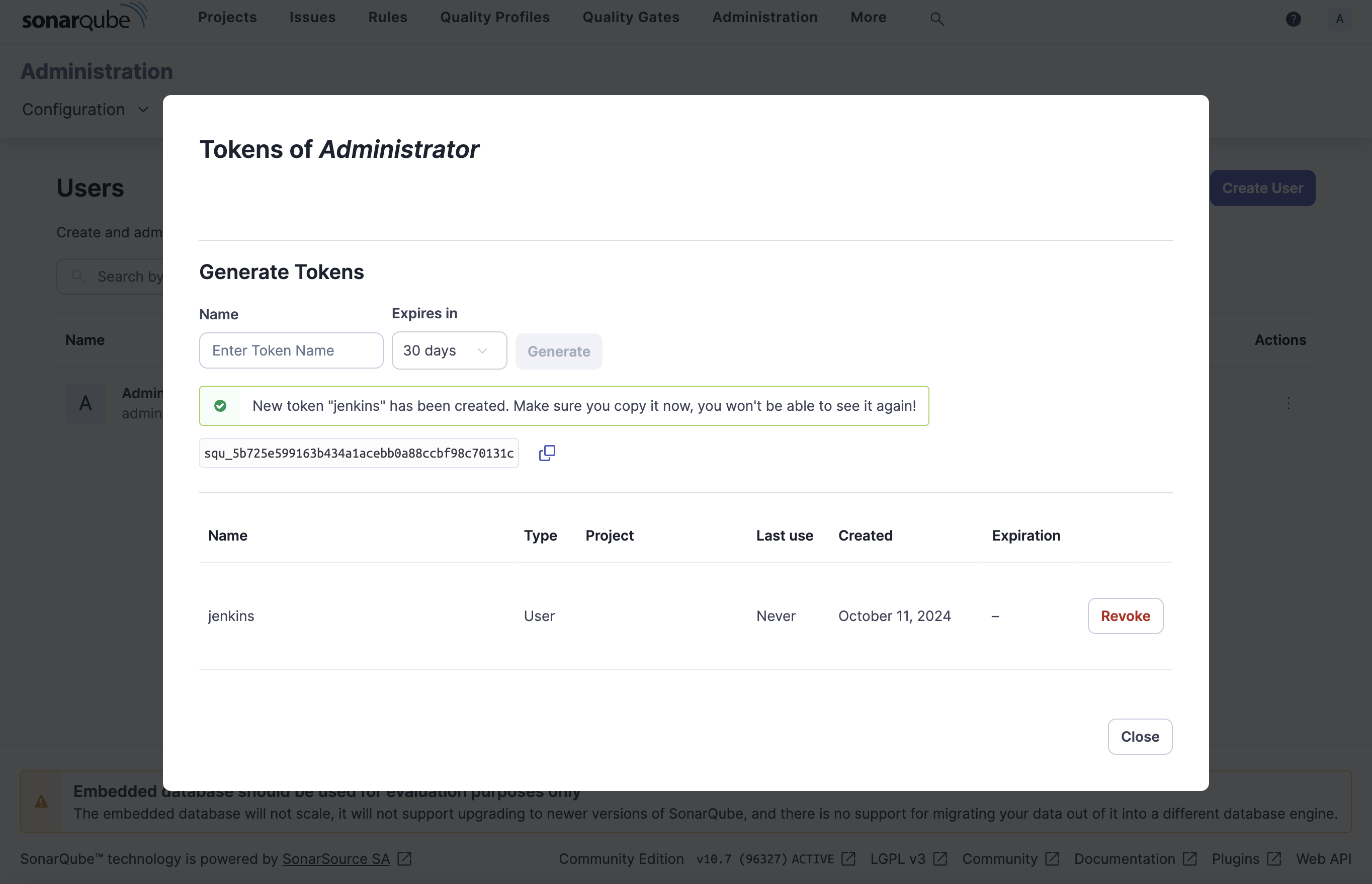 SonarQube Token Generation