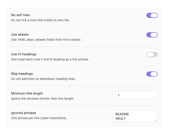 Vault Linker plugin settings in Obsidian