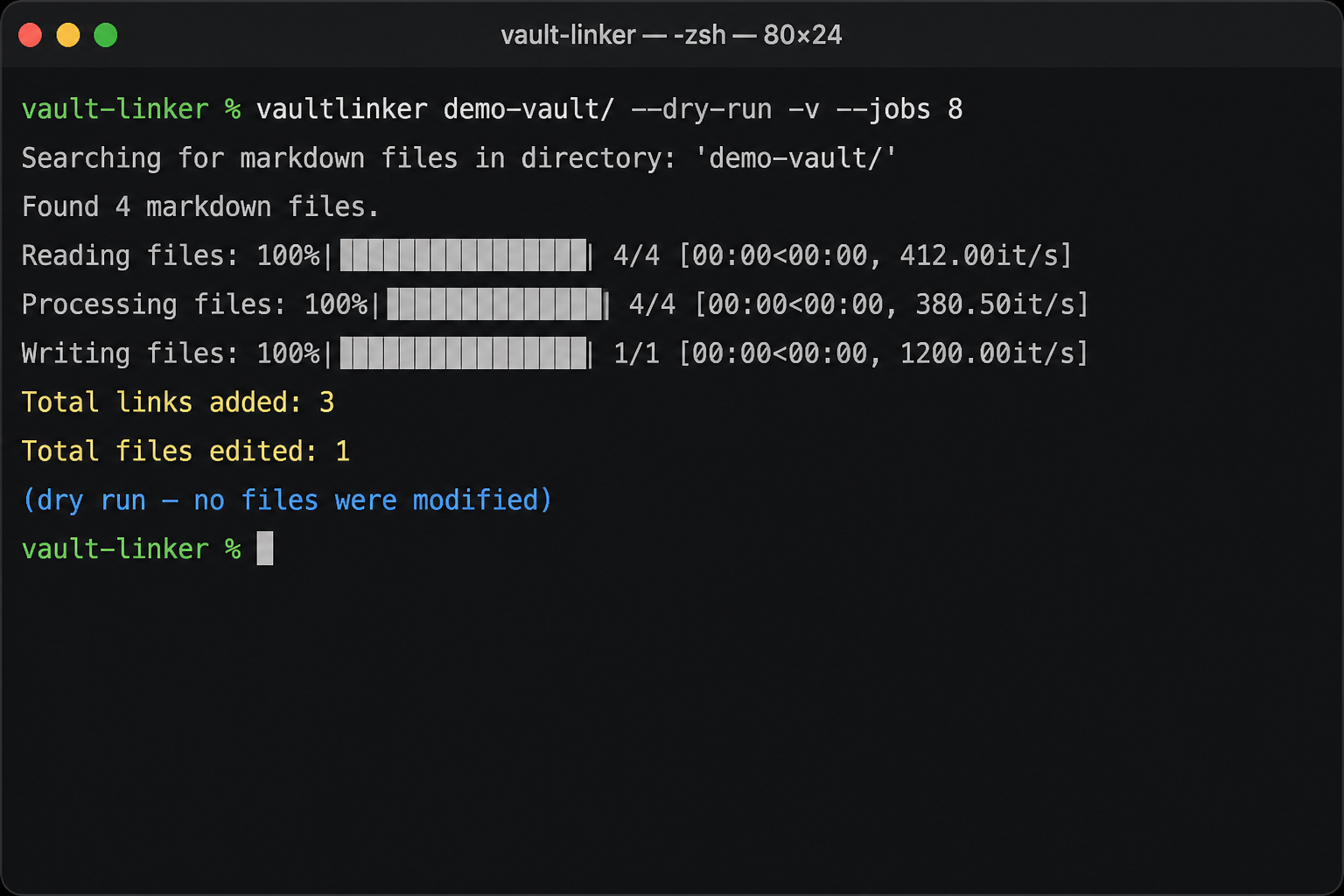 Vault Linker CLI dry run with parallel jobs and progress output